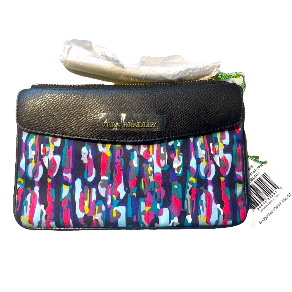 NWT Vera Bradley Envelope‎ Wristlet Watercolor Brushstrokes Black Leather Trim
